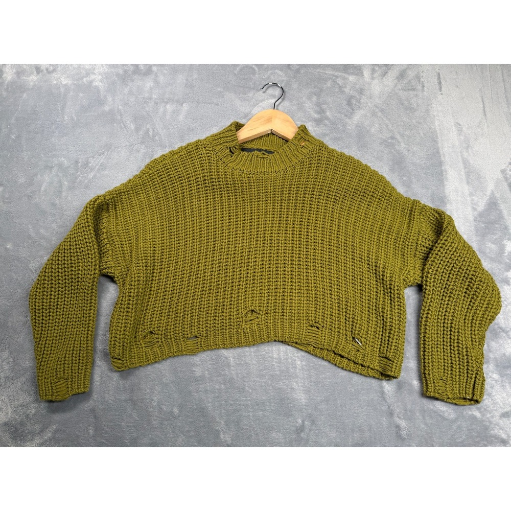 Forever 21 Cropped Sweater Womens Small Olive Green Chunky Knit Relaxed Fit